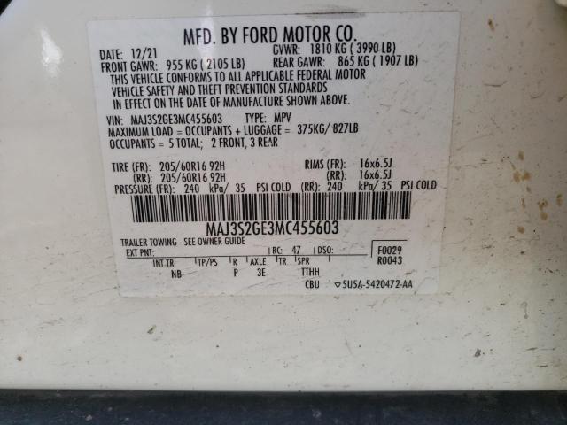 MAJ3S2GE3MC455603 - 2021 FORD ECOSPORT SE თეთრი ფოტო 12