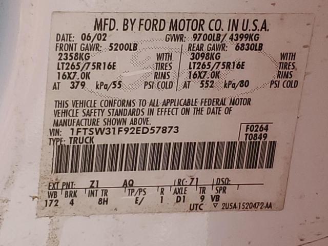 1FTSW31F92ED57873 - 2002 FORD F350 SRW SUPER DUTY WHITE photo 13