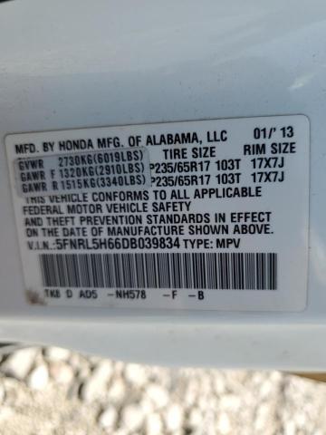 5FNRL5H66DB039834 - 2013 HONDA ODYSSEY EXL WHITE photo 13