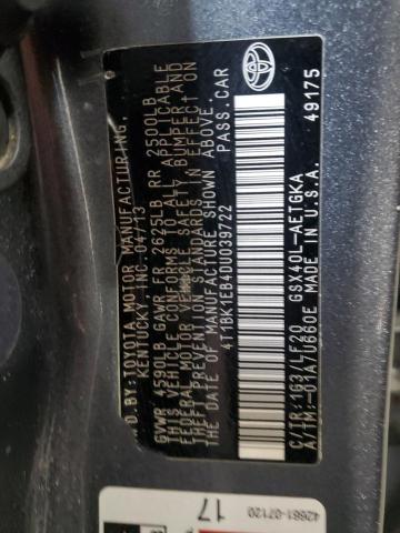 4T1BK1EB4DU039722 - 2013 TOYOTA AVALON BASE GRAY photo 12