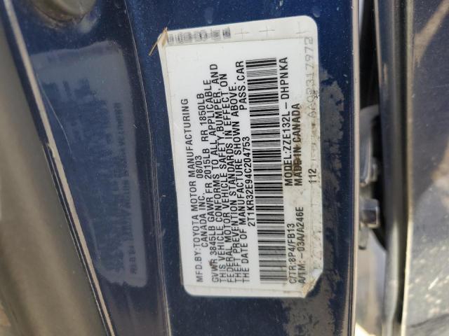 2T1KR32E94C204753 - 2004 TOYOTA COROLLA MA XR BLUE photo 12