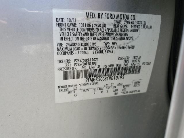 2FMGK5CC8CBD10195 - 2012 FORD FLEX SEL SILVER photo 13