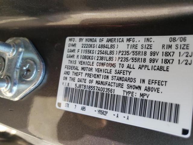 5J8TB18557A003561 - 2007 ACURA RDX TECHNOLOGY GRAY photo 10