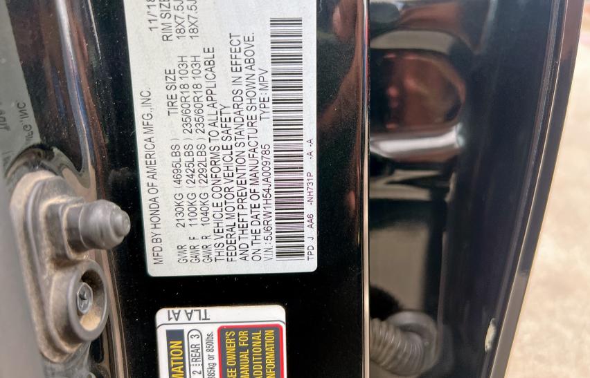 5J6RW1H54JA009785 - 2018 HONDA CR-V EX BLACK photo 10