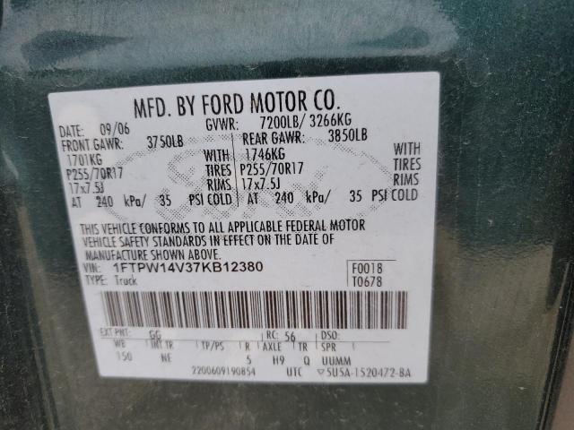 1FTPW14V37KB12380 - 2007 FORD F150 SUPERCREW GREEN photo 12