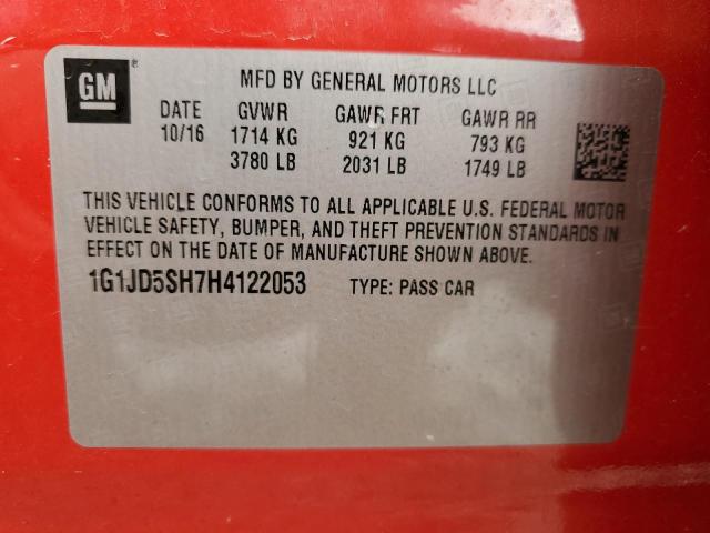 1G1JD5SH7H4122053 - 2017 CHEVROLET SONIC LT 红色 照片 12