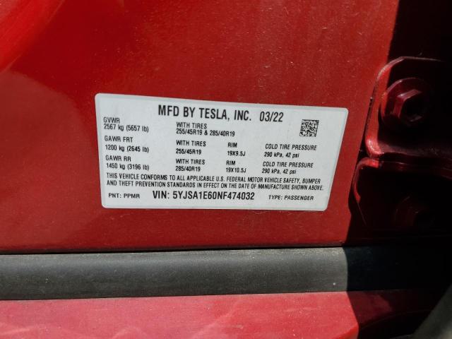 5YJSA1E60NF474032 - 2022 TESLA MODEL S Կարմիր լուսանկար 12