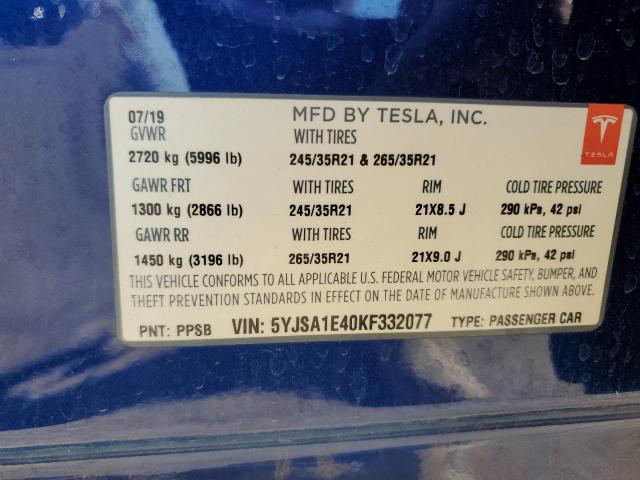5YJSA1E40KF332077 - 2019 TESLA MODEL S BLUE photo 13