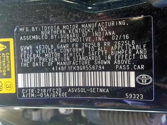 4T4BF1FK9GR558794 - 2016 TOYOTA CAMRY LE  photo 10