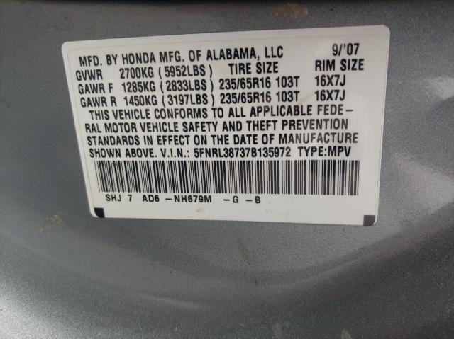 5FNRL38737B135972 - 2007 HONDA ODYSSEY EXL GRAY photo 10