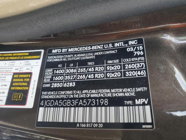 4JGDA5GB3FA573198 - 2015 MERCEDES-BENZ ML 400 4MATIC BROWN photo 12