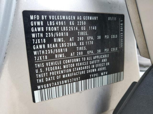 WVGBV7AX5BW537697 - 2011 VOLKSWAGEN TIGUAN S SILVER photo 13