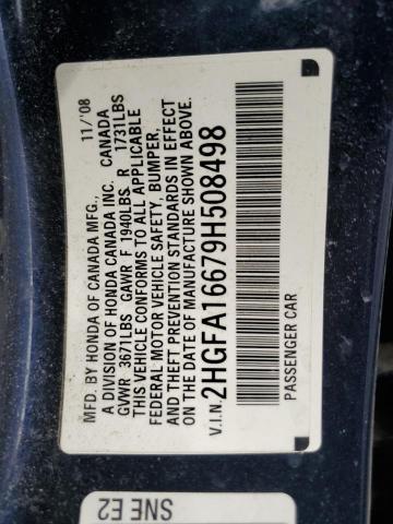 2HGFA16679H508498 - 2009 HONDA CIVIC LX-S Կապույտ լուսանկար 12