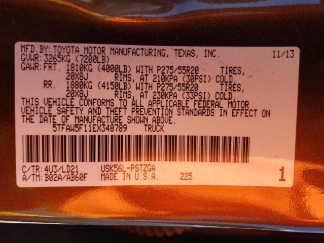 5TFAW5F11EX348789 - 2014 TOYOTA TUNDRA CREWMAX PLATINUM 棕色 照片 12
