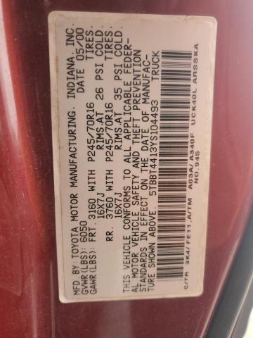 5TBBT4413YS104493 - 2000 TOYOTA TUNDRA ACCESS CAB მუქწითელი ფოტო 12