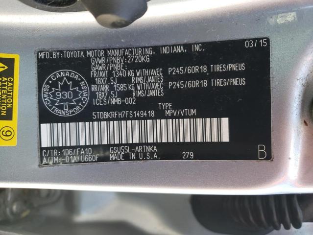 5TDBKRFH7FS149418 - 2015 TOYOTA HIGHLANDER LE SILVER photo 13