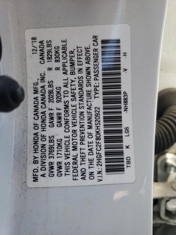 2HGFC2F80KH520922 - 2019 HONDA CIVIC SPORT 白色 照片 12