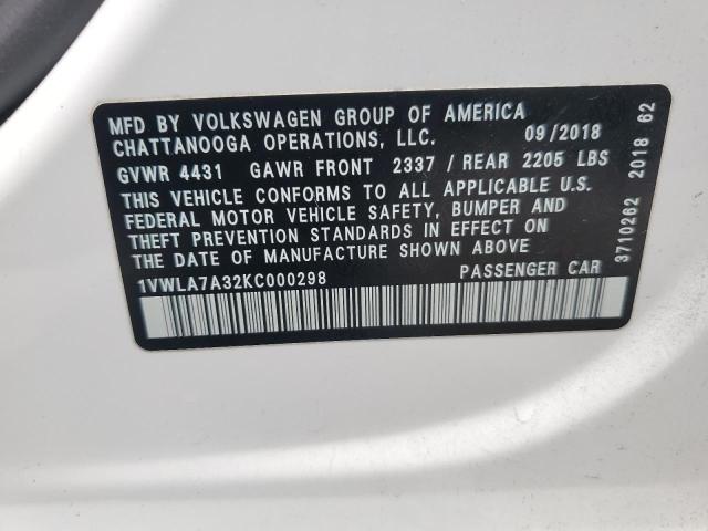 1VWLA7A32KC000298 - 2019 VOLKSWAGEN PASSAT WOLFSBURG WHITE photo 13