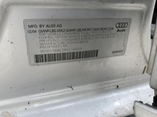 WAUJT68E24A214659 - 2004 AUDI A4 3.0 SILVER photo 12