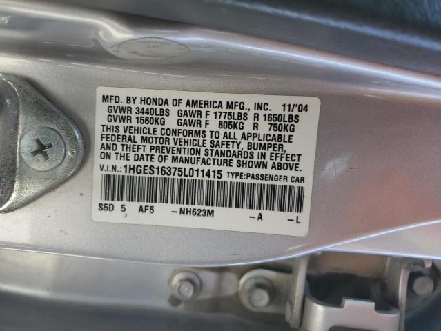 1HGES16375L011415 - 2005 HONDA CIVIC DX VP ნაცრისფერი ფოტო 12