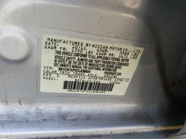 3N1CN7APXCL836654 - 2012 NISSAN VERSA S SILVER photo 10