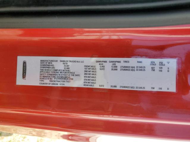 1FUJHHDR4KLKC2700 - 2019 FREIGHTLINER CASCADIA 1 Қызыл фото 10