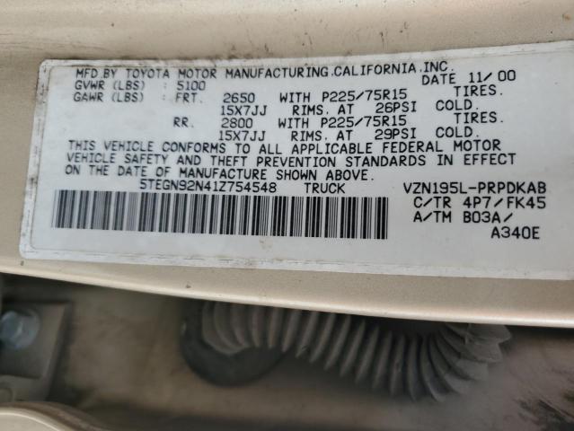 5TEGN92N41Z754548 - 2001 TOYOTA TACOMA DOUBLE CAB PRERUNNER GOLD photo 12