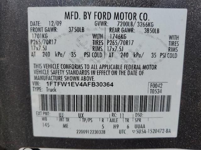 1FTFW1EV4AFB30364 - 2010 FORD F150 SUPERCREW GRAY photo 12