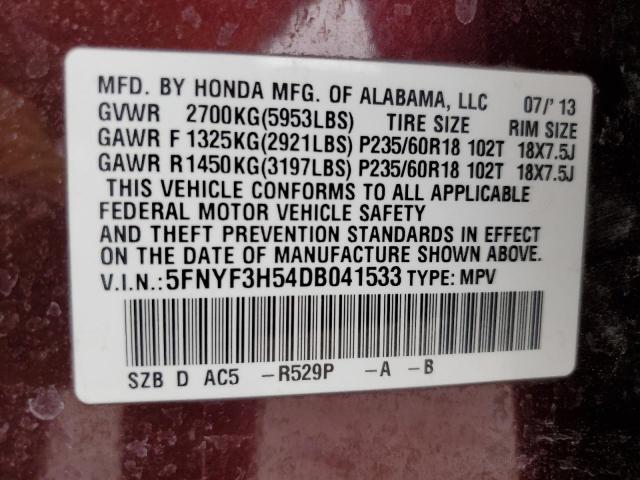 5FNYF3H54DB041533 - 2013 HONDA PILOT EXL MAROON photo 13
