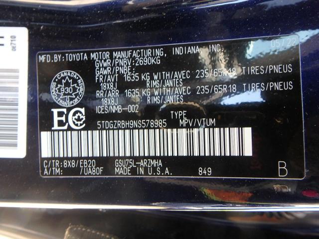 5TDGZRBH9NS578985 - 2022 TOYOTA HIGHLANDER XLE 蓝色 照片 14