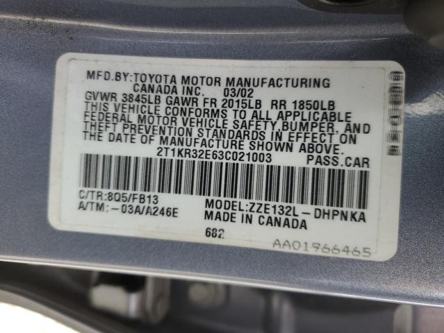 2T1KR32E63C021003 - 2003 TOYOTA COROLLA MA XR BLUE photo 12