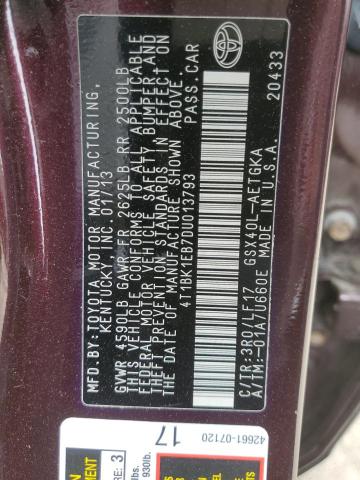 4T1BK1EB7DU013793 - 2013 TOYOTA AVALON BASE MAROON photo 12