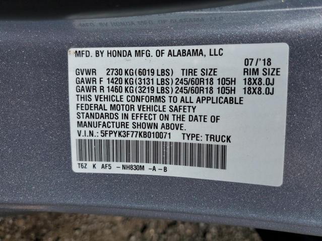 5FPYK3F77KB010071 - 2019 HONDA RIDGELINE RTL SILVER photo 13