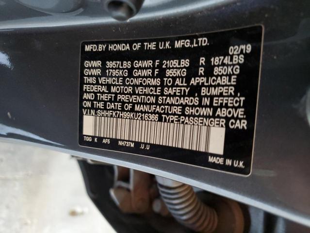 SHHFK7H99KU216366 - 2019 HONDA CIVIC SPORT TOURING CHARCOAL photo 13