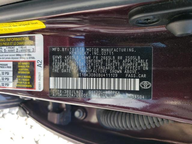 4T1BK3DB0BU411129 - 2011 TOYOTA AVALON BASE MAROON photo 12