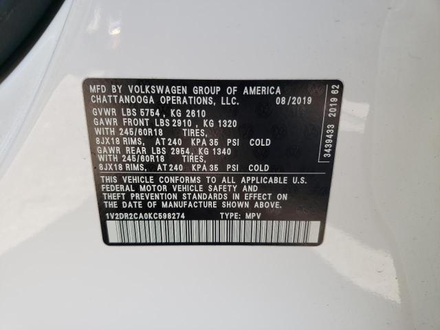 1V2DR2CA0KC598274 - 2019 VOLKSWAGEN ATLAS SE WHITE photo 12