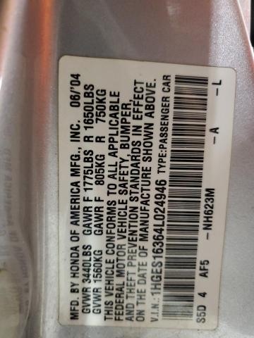 1HGES16364L024946 - 2004 HONDA CIVIC DX VP SILVER photo 12