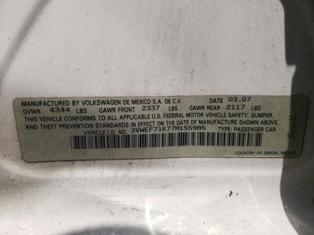 3VWEF71K77M155985 - 2007 VOLKSWAGEN JETTA WOLFSBURG 白色 照片 12