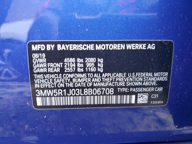 3MW5R1J03L8B06708 - 2020 BMW 330I BLUE photo 12