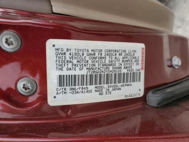 JT2BG22K0Y0428105 - 2000 TOYOTA CAMRY CE BURGUNDY photo 12