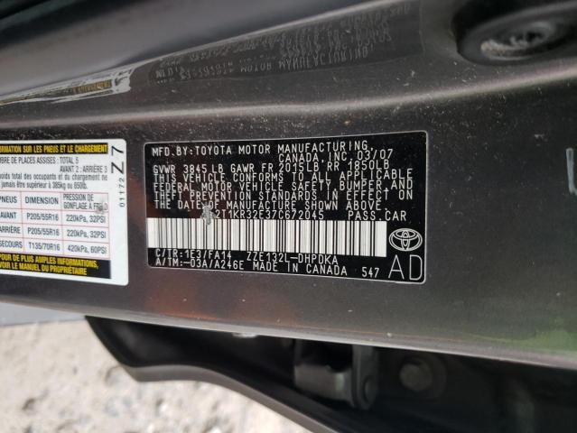 2T1KR32E37C672045 - 2007 TOYOTA COROLLA MA XR CHARCOAL photo 12