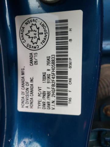 2HGFB2F45FH058833 - 2015 HONDA CIVIC LX BLUE photo 12