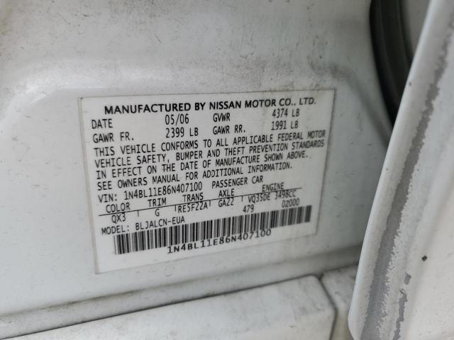 1N4BL11E86N407100 - 2006 NISSAN ALTIMA SE WHITE photo 12