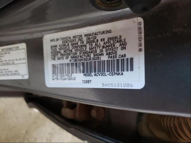 4T1BE32K92U616281 - 2002 TOYOTA CAMRY LE GRAY photo 10