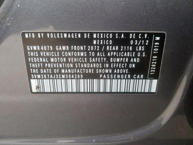 3VW2K7AJ3CM394269 - 2012 VOLKSWAGEN JETTA BASE Boz foto 10