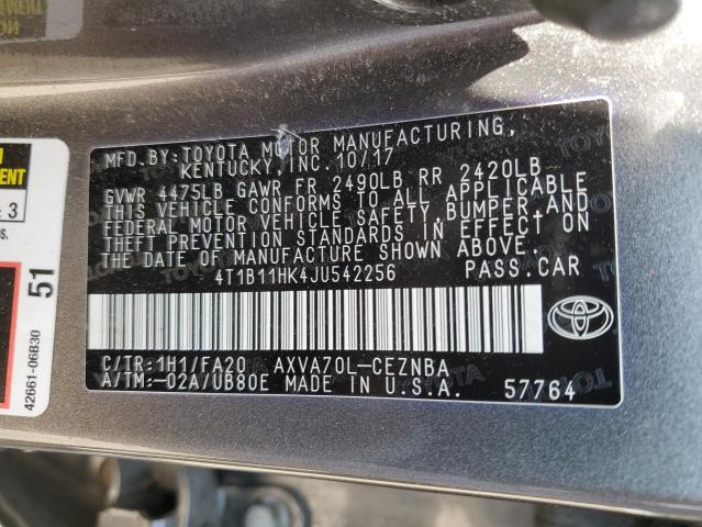 4T1B11HK4JU542256 - 2018 TOYOTA CAMRY L GRAY photo 12