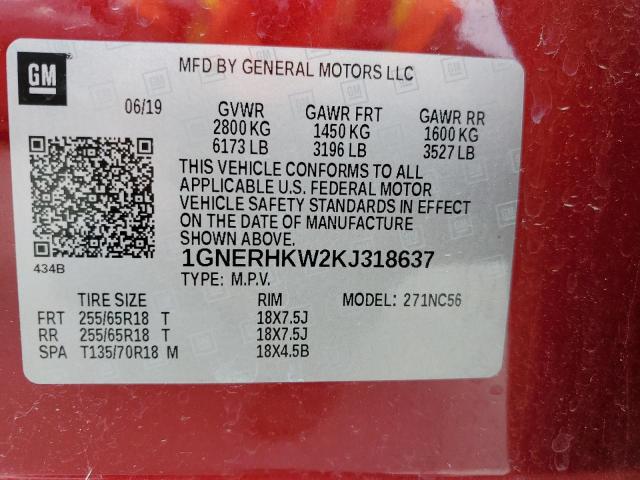 1GNERHKW2KJ318637 - 2019 CHEVROLET TRAVERSE LT RED photo 13