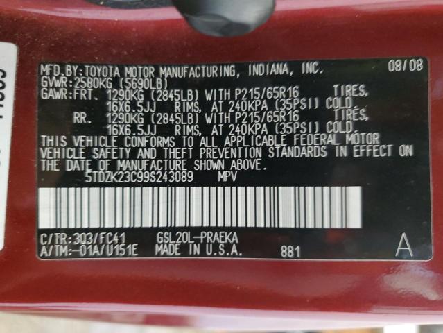 5TDZK23C99S243089 - 2009 TOYOTA SIENNA CE BURGUNDY photo 14