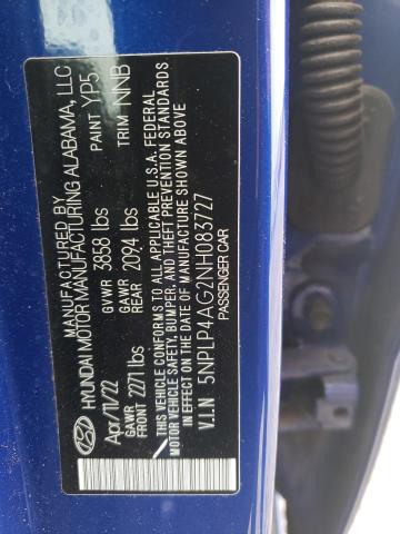 5NPLP4AG2NH083727 - 2022 HYUNDAI ELANTRA LIMITED BLUE photo 13