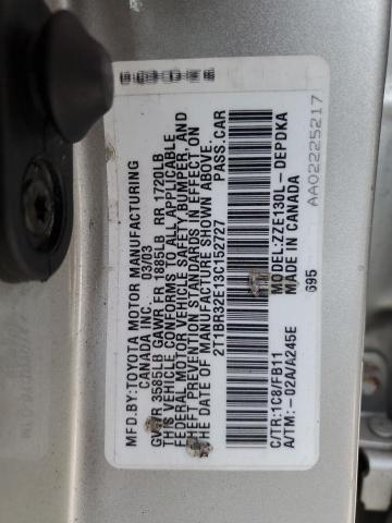 2T1BR32E13C152727 - 2003 TOYOTA COROLLA CE SILVER photo 13